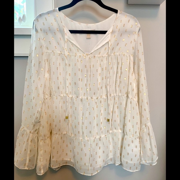 M Kors Shirred Peasant Blouse w Metallic Detail - Picture 2 of 7